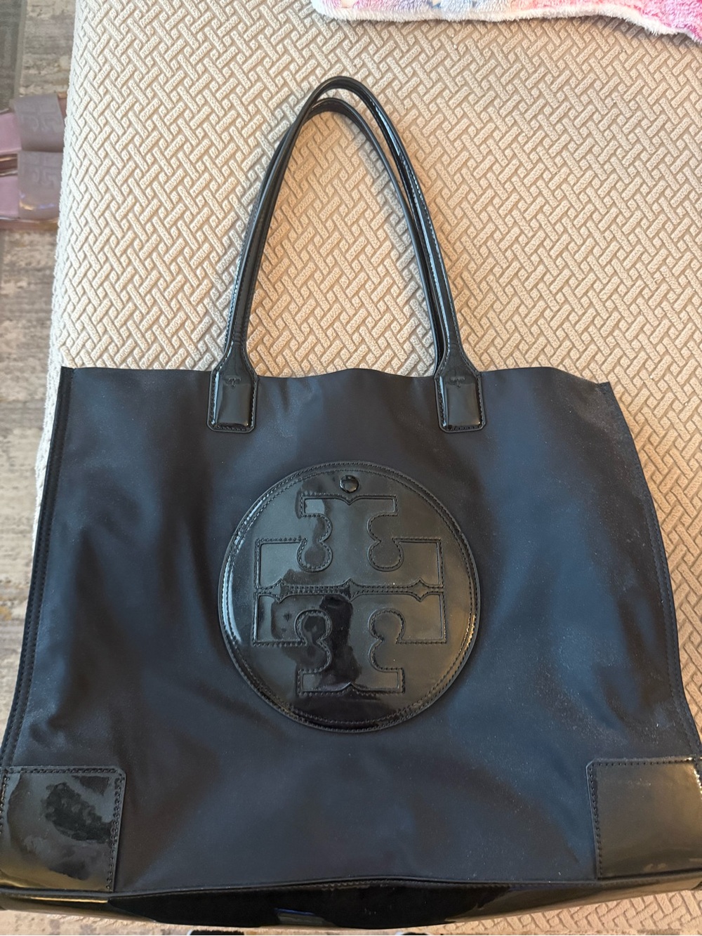 Tory Burch Black Nylon Tote with Patent Logo